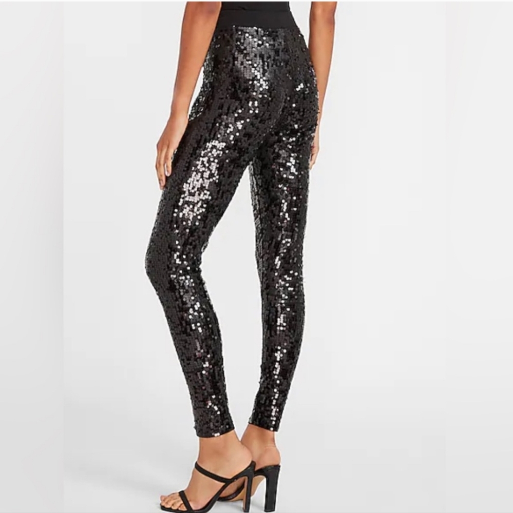 Express High Waisted Black Sequin Holiday Leggings size SP